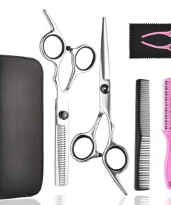 Hair Cutting Scissors Thinning Shears- Fcysy Professional Barber Sharp Hair Scissors Hairdressing Shears Kit with Haircut Accessories in Leather Case for Cutting Styling Hair for Women Men Pet- 7 Pcs Black